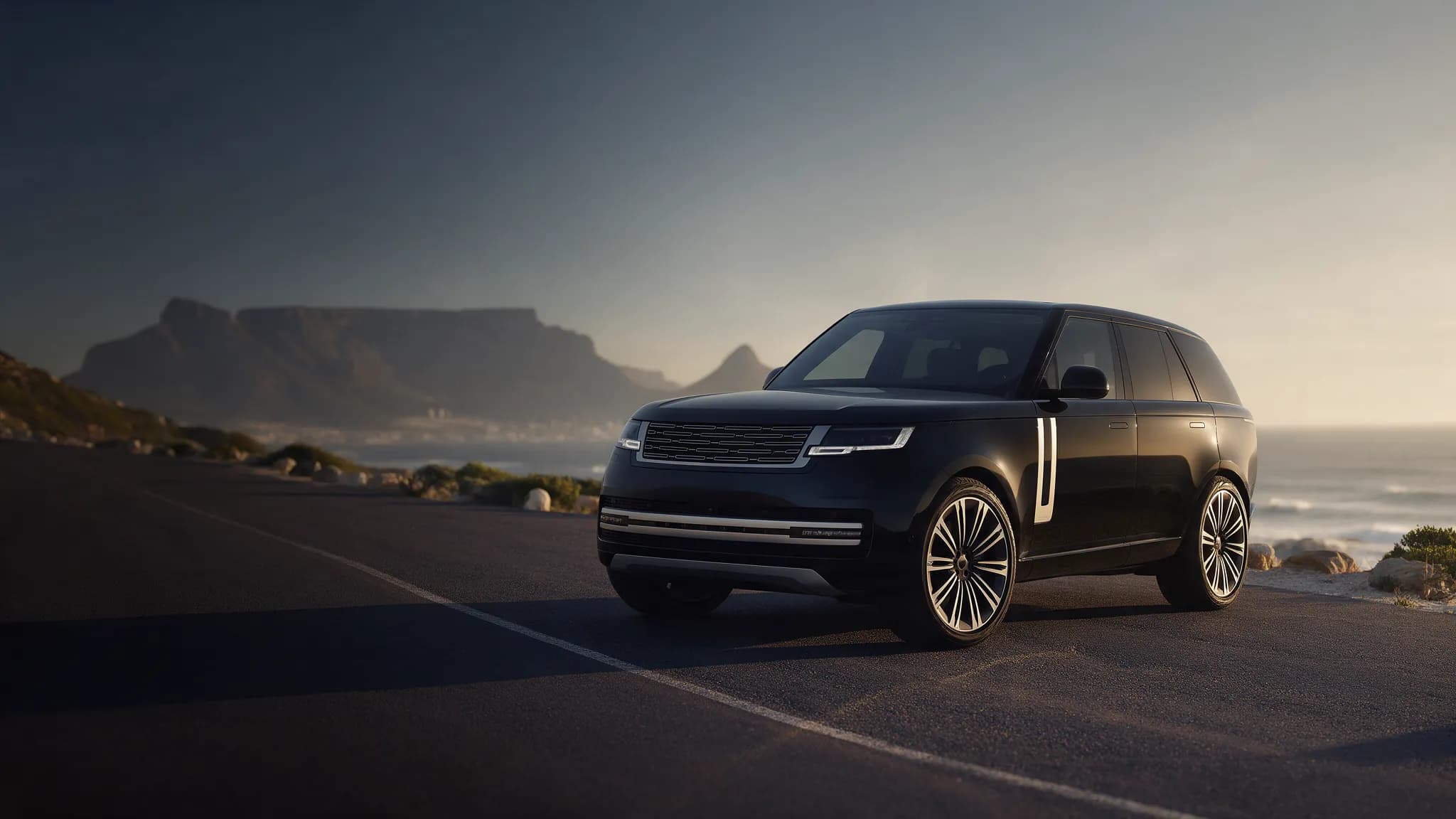 A premium SUV on a coastal road near Cape Town at golden hour